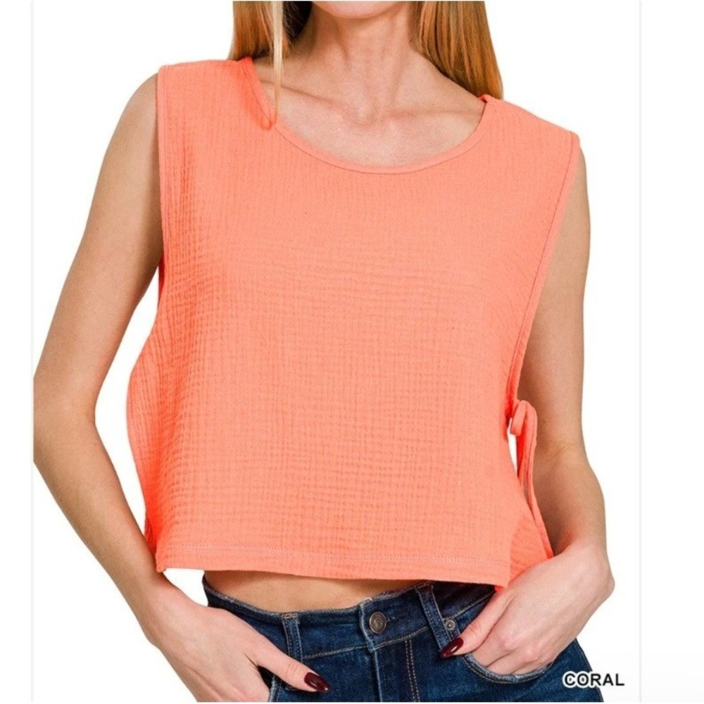 Zenana Gauze Side-Tie Tank Top Coral Pink Orange Boho Cropped Sleeveless Shirt M
